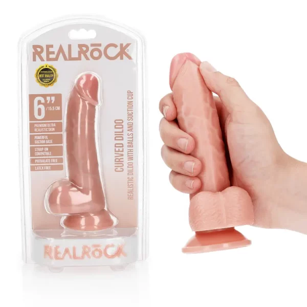 Dildo Curved com Testículos 6"/15,5 cm Pele Clara