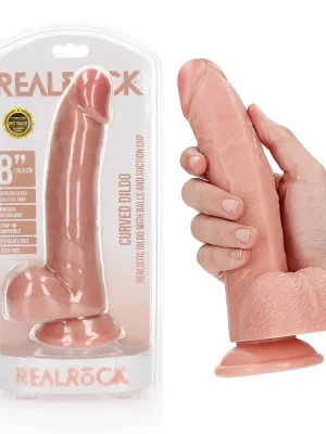 Dildo Curved com Testículos 8"/20,5 cm Pele Clara
