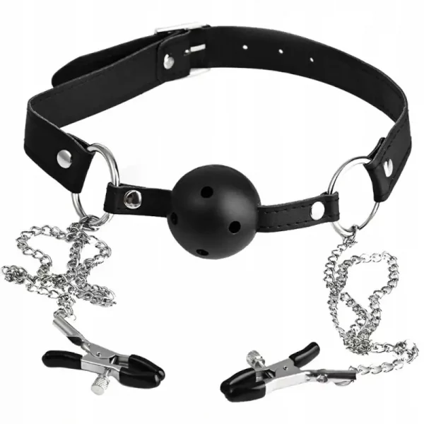 Mordaça BDSM com Pinças para os Mamilos