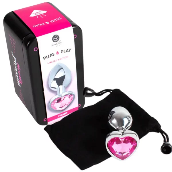 Plug Anal Metálico S com Brilhante em Coração Rosa